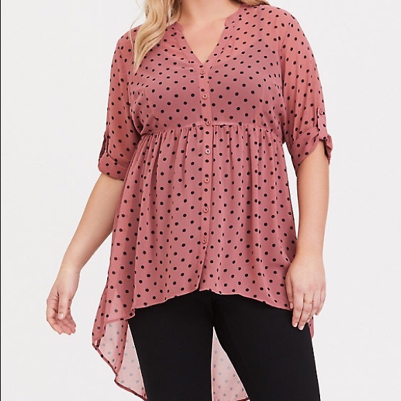 torrid Tops - Torrid-DUSTY ROSE POLKA DOT CHIFFON HI-LO TUNIC 4X